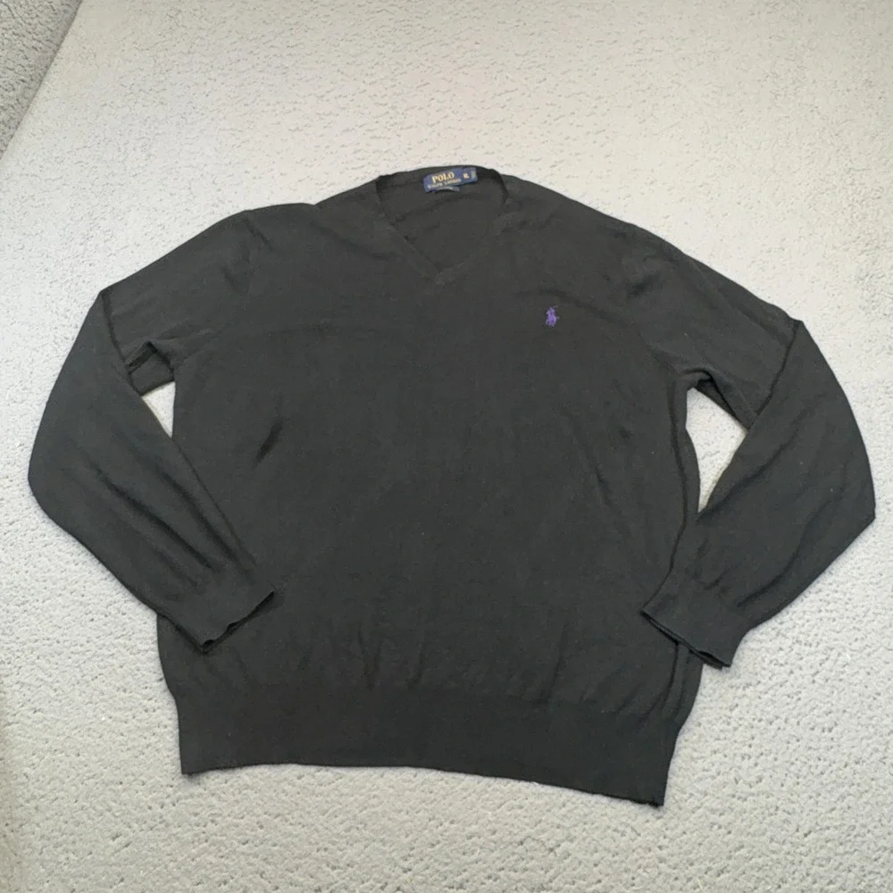 Polo Ralph Lauren Sweater Mens XL Black V-Neck Pullover Pima Cotton Tight-Knit
